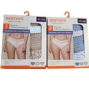 Warners Blissful Benefits 6pk Microfiber Lace Hipsters 2XL 20 Blue Tan Floral
